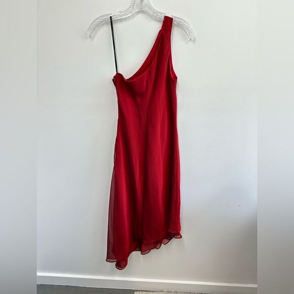 ⛔️SOLD⛔️Vintage 90's One Shoulder Asymmetric Wine Red Chiffon Midi Evening Dress - Picture 9 of 10